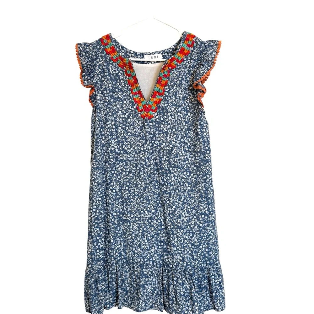 THML Blue Floral Boho Dress Small Embroidered V Neck Flutter Sleeve Ruffle Hem - Picture 2 of 7